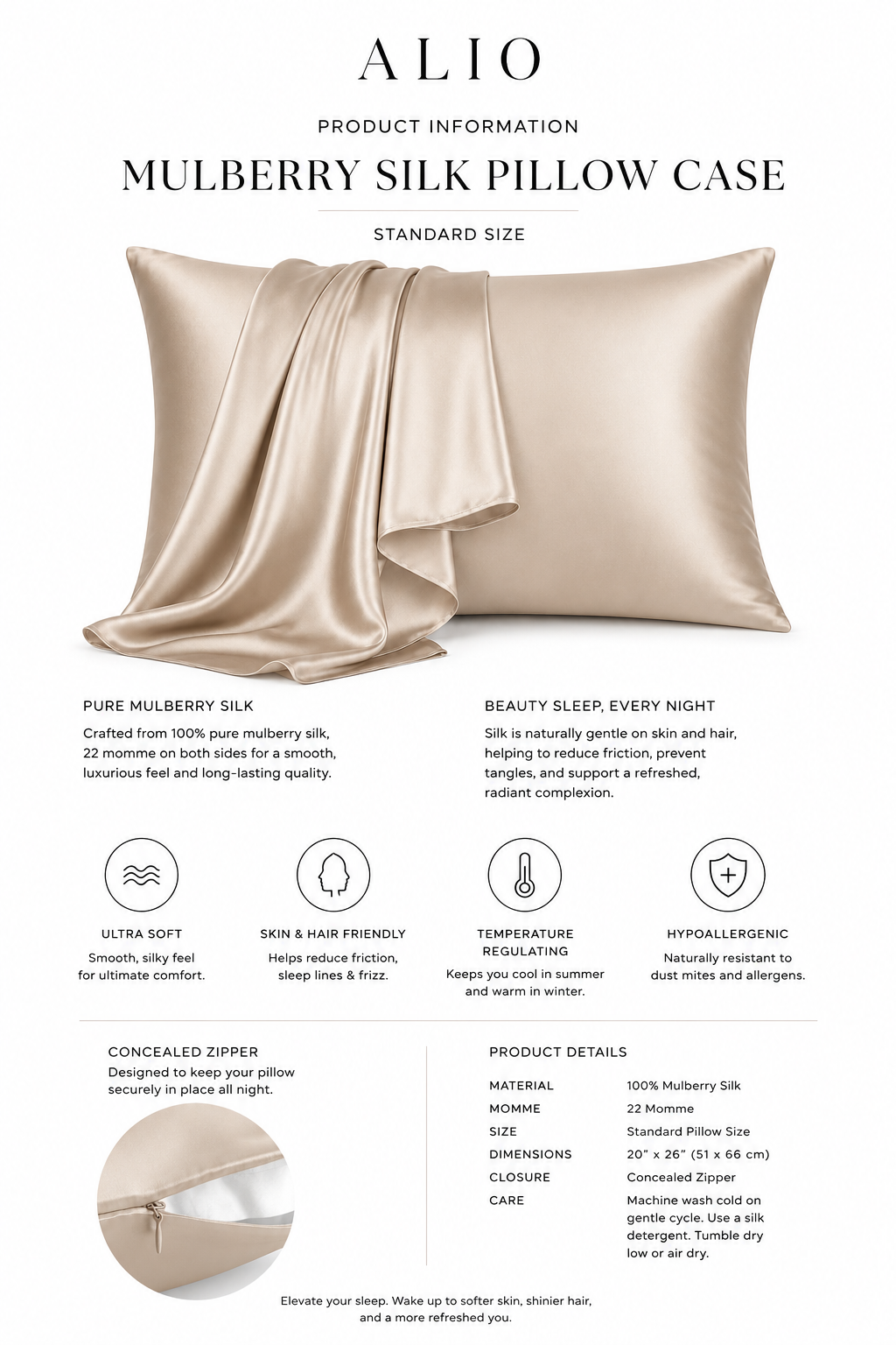 Mulberry Silk Pillowcase (22 momme, Grade 6A)