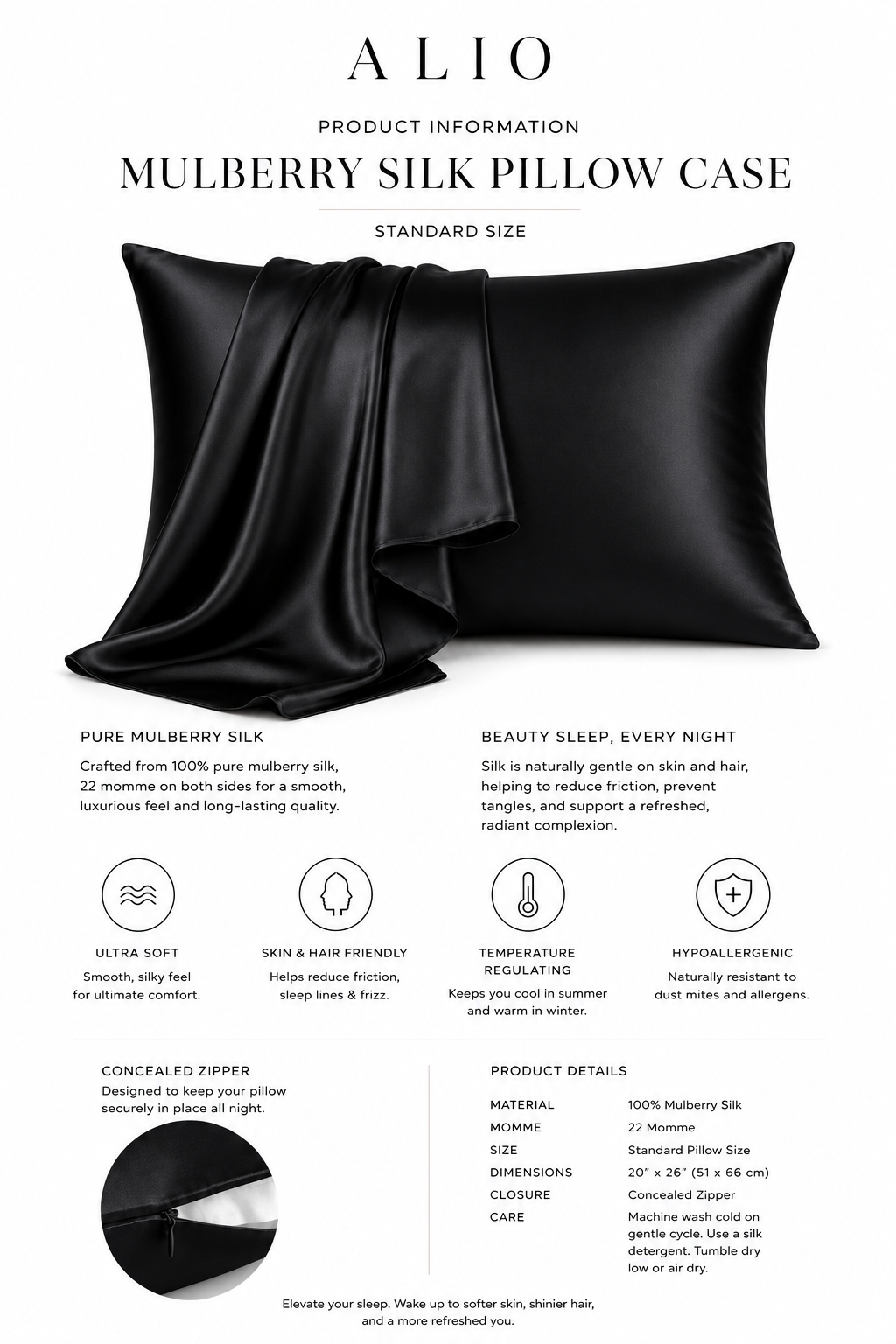 Mulberry Silk Pillowcase (22 momme, Grade 6A)