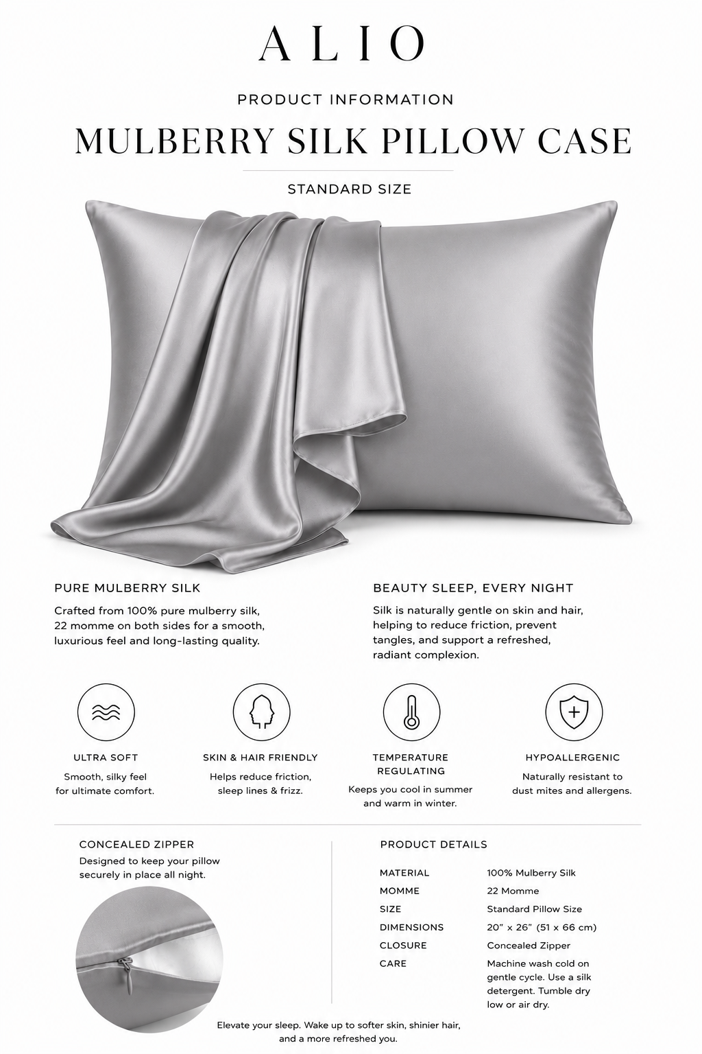 Mulberry Silk Pillowcase (22 momme, Grade 6A)