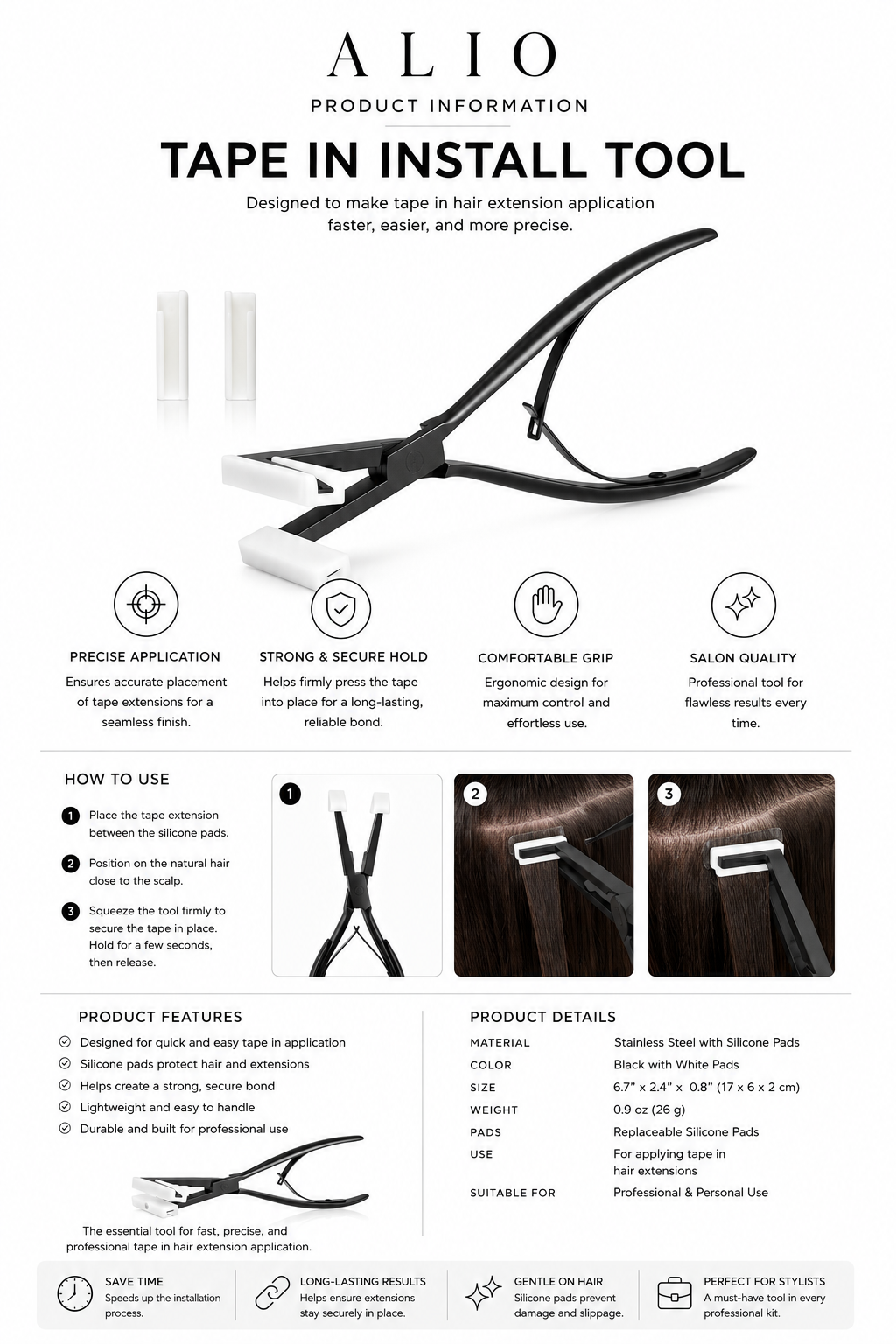 Tape-In Install Tool (silicone pads, stainless steel)